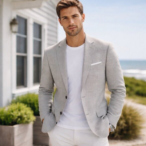 Banana Republic 100% Linen Blazer 42R Working Cuffs Modern Slim Fit Blazer Grey